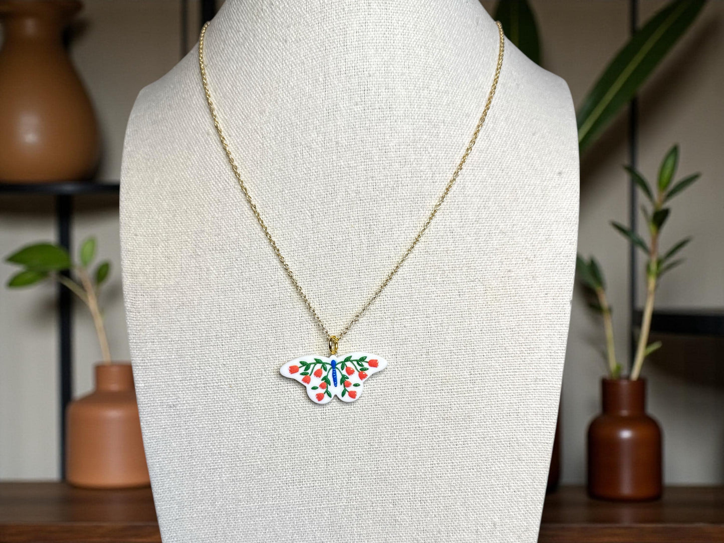 Hand Painted Ceramic Butterfly Pendant Necklace - Adjustable Boho Jewelry