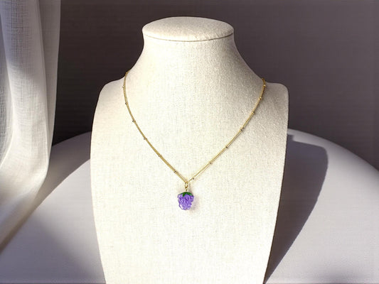 Purple Glass Grape Necklace, Gold Tone Chain, Kawaii Y2K Jewelry