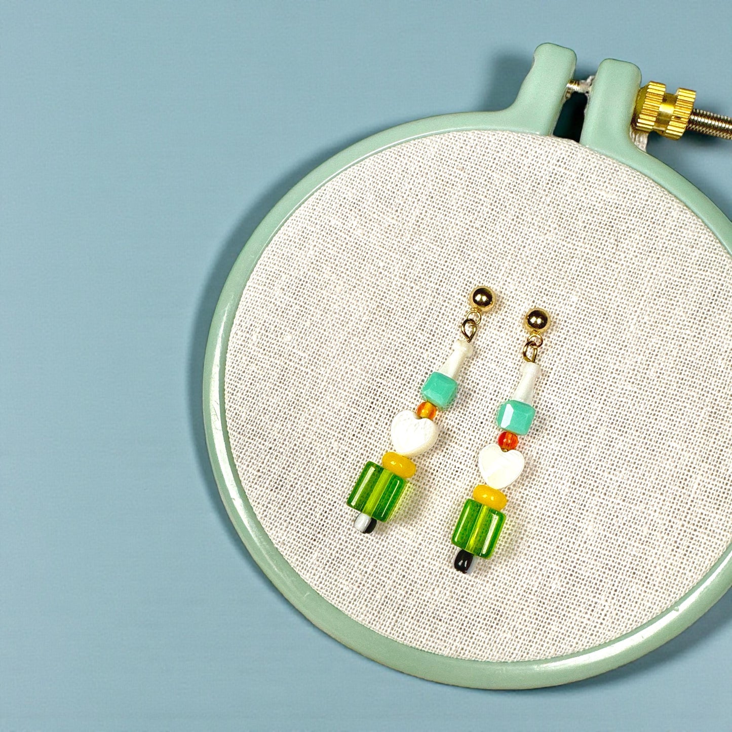 Handmade Beaded Heart Dangle Earrings: Retro Lemon Lime Jewelry