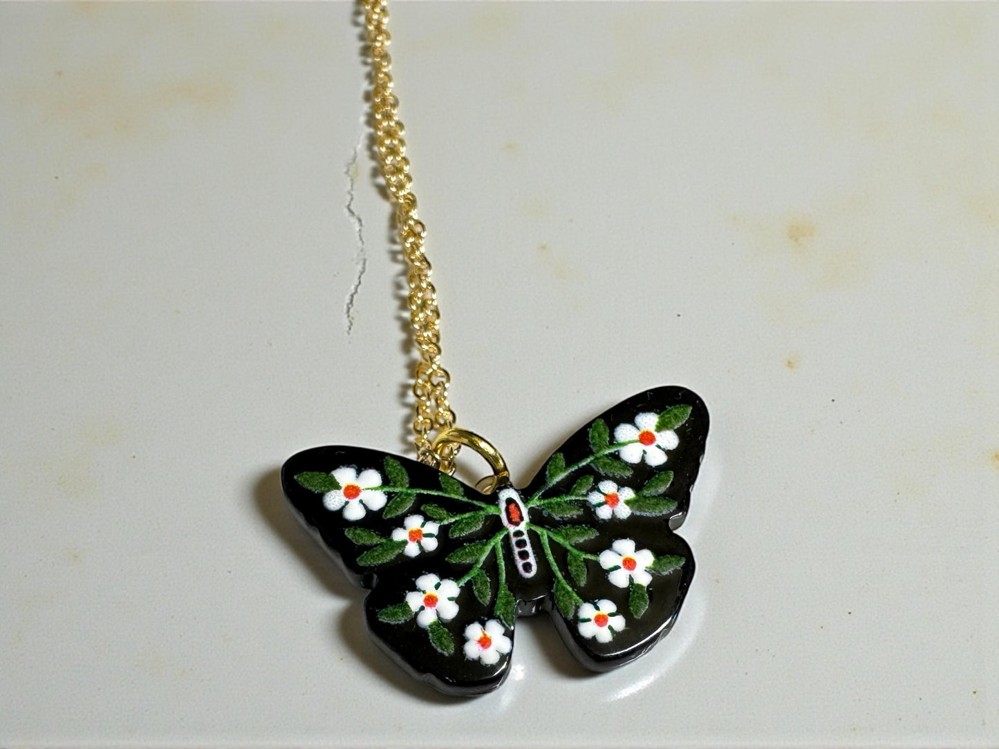 Hand Painted Ceramic Butterfly Pendant Necklace - Adjustable Boho Jewelry