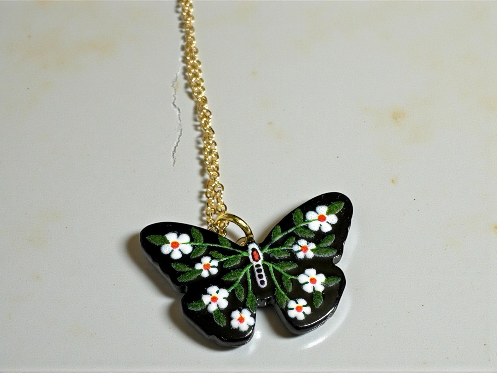 Hand Painted Ceramic Butterfly Pendant Necklace - Adjustable Boho Jewelry