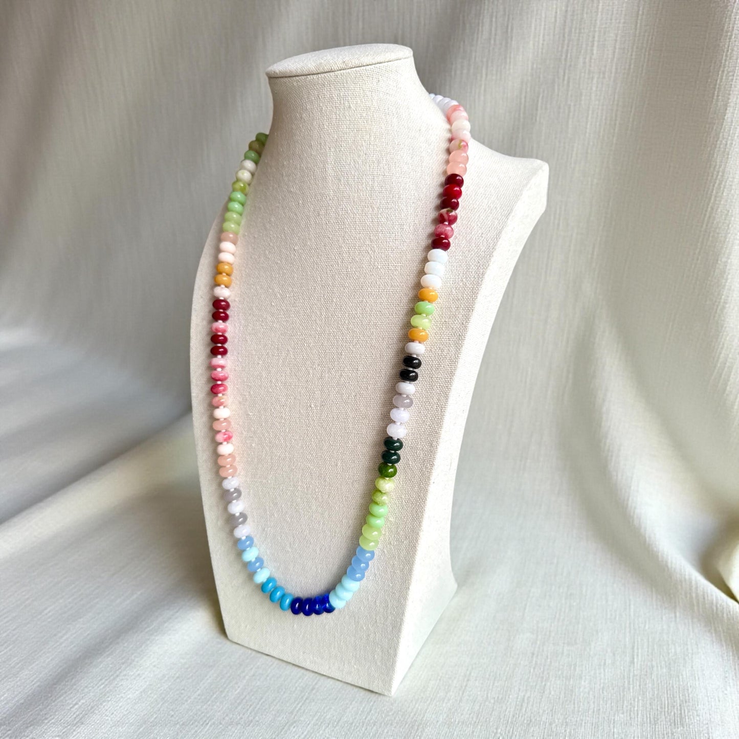 Colorful Glass Rondelle Bead Necklace, 24 Inch Boho Necklace, Rainbow Glass Bead Necklace, Handmade Statement Necklace