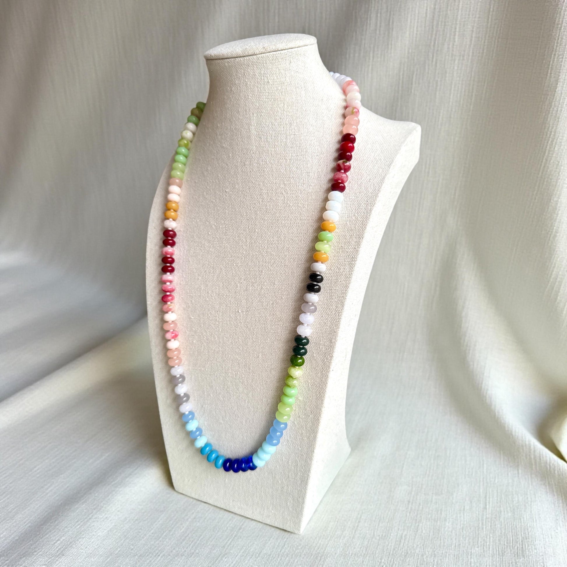 Colorful Glass Rondelle Bead Necklace, 24 Inch Boho Necklace, Rainbow Glass Bead Necklace, Handmade Statement Necklace