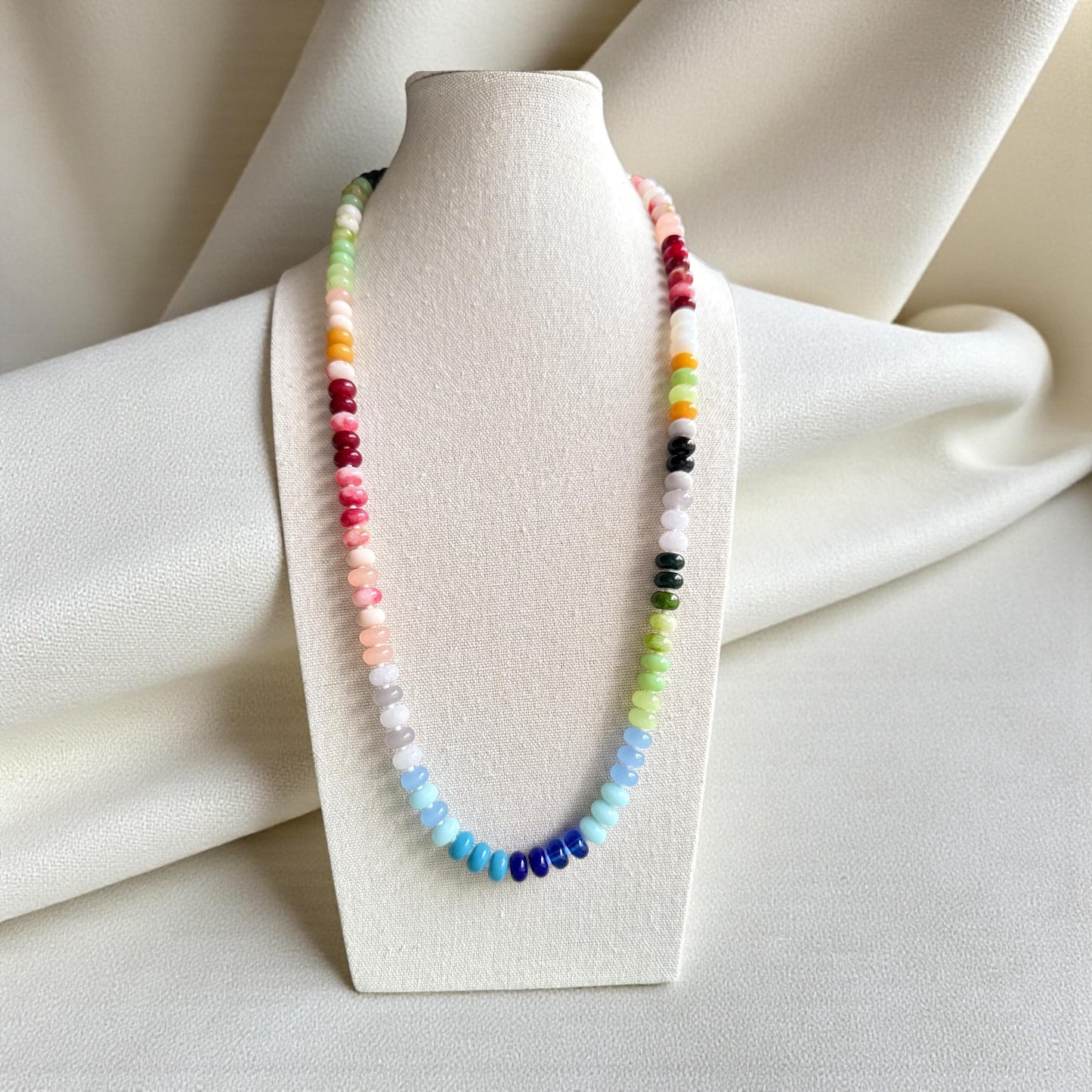 Colorful Glass Rondelle Bead Necklace, 24 Inch Boho Necklace, Rainbow Glass Bead Necklace, Handmade Statement Necklace