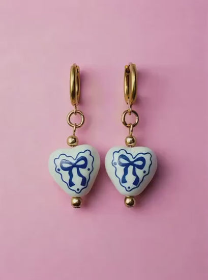 Blue Bow Heart Earrings: Porcelain Dangle Earrings, Gold Hoops