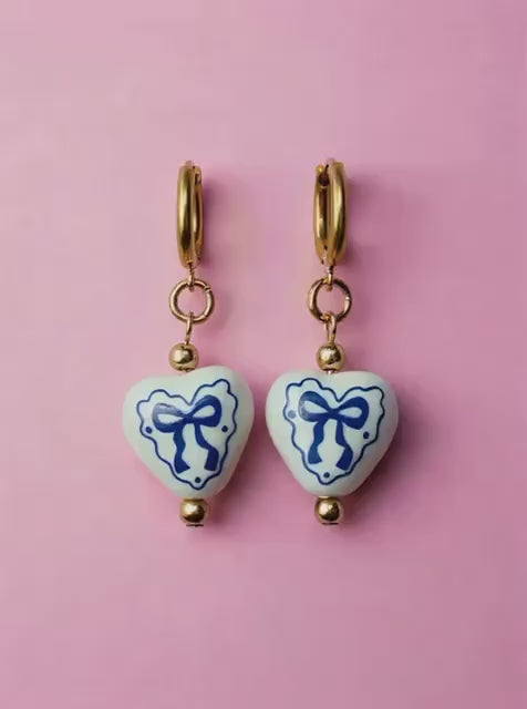 Blue Bow Heart Earrings: Porcelain Dangle Earrings, Gold Hoops