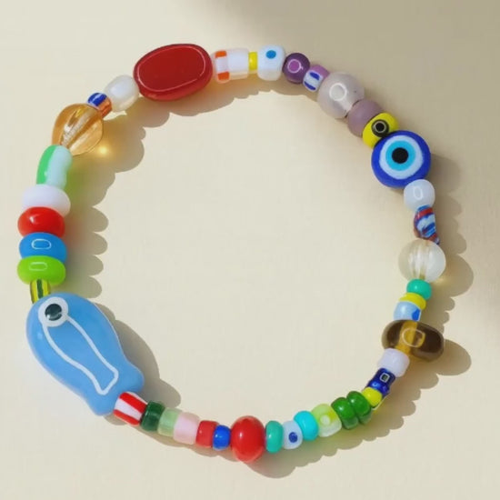 Evil Eye Fish Charm Bracelet: Freshwater Pearls & Glass Beads