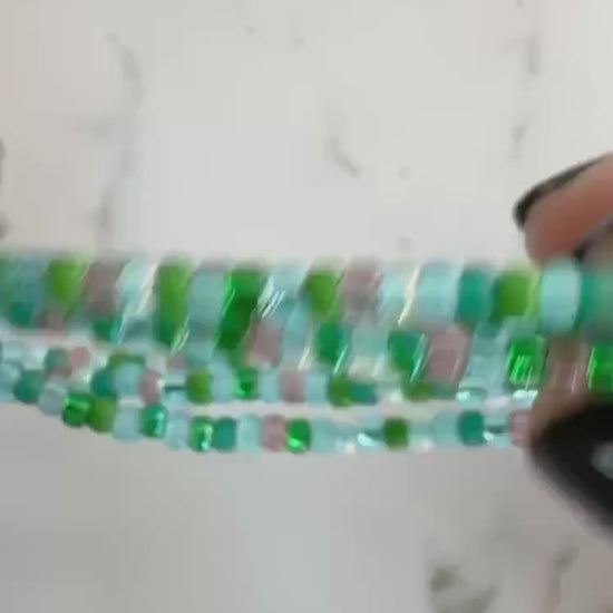Glass Seed Bead Bracelet Set, Blue and Green, Stretch