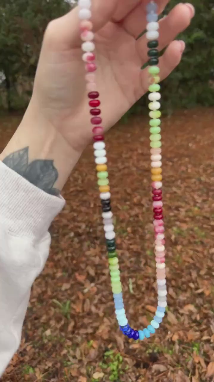 Colorful Glass Rondelle Bead Necklace, 24 Inch Boho Necklace, Rainbow Glass Bead Necklace, Handmade Statement Necklace