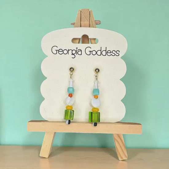 Handmade Beaded Heart Dangle Earrings: Retro Lemon Lime Jewelry